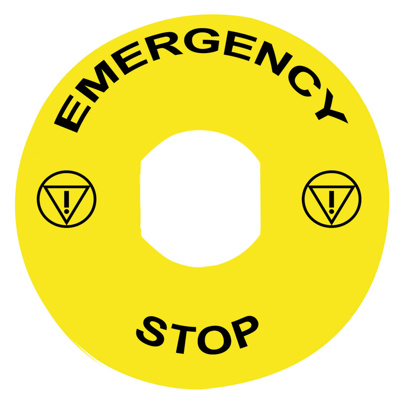 Yellow circular legend EMERGENCY STOP di